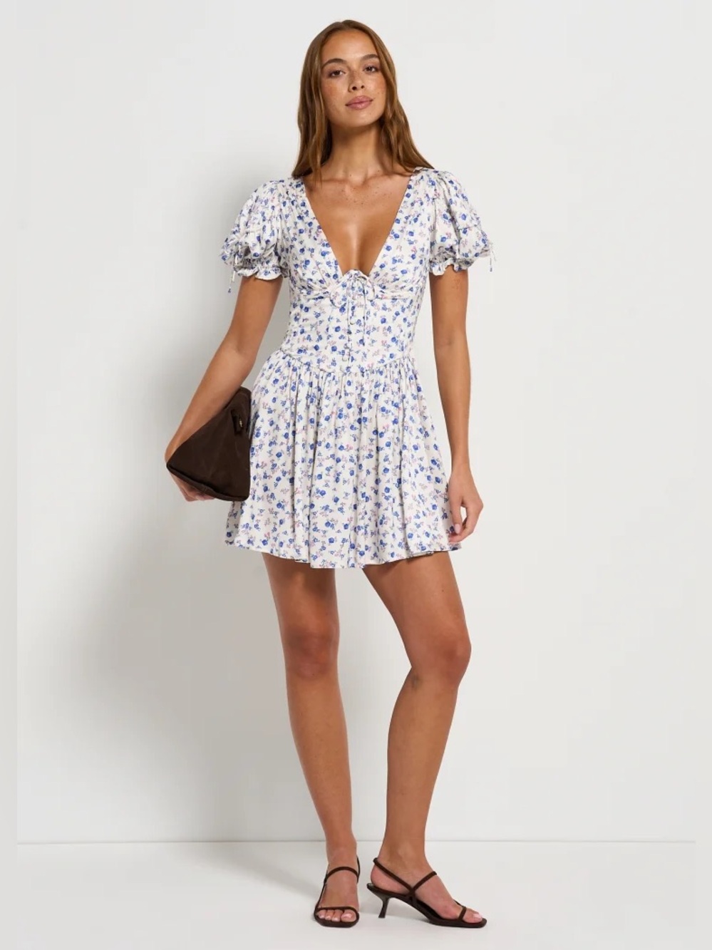 For Love & Lemons Paulina Corset White Mini Dress with Blue Floral Print